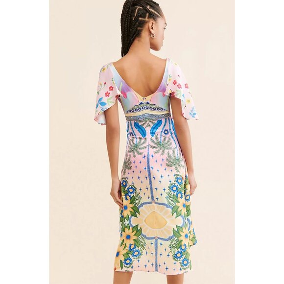 NWT Oceanus Camille Satin Midi Dress Colorful Tropical Floral Small - Picture 5 of 16